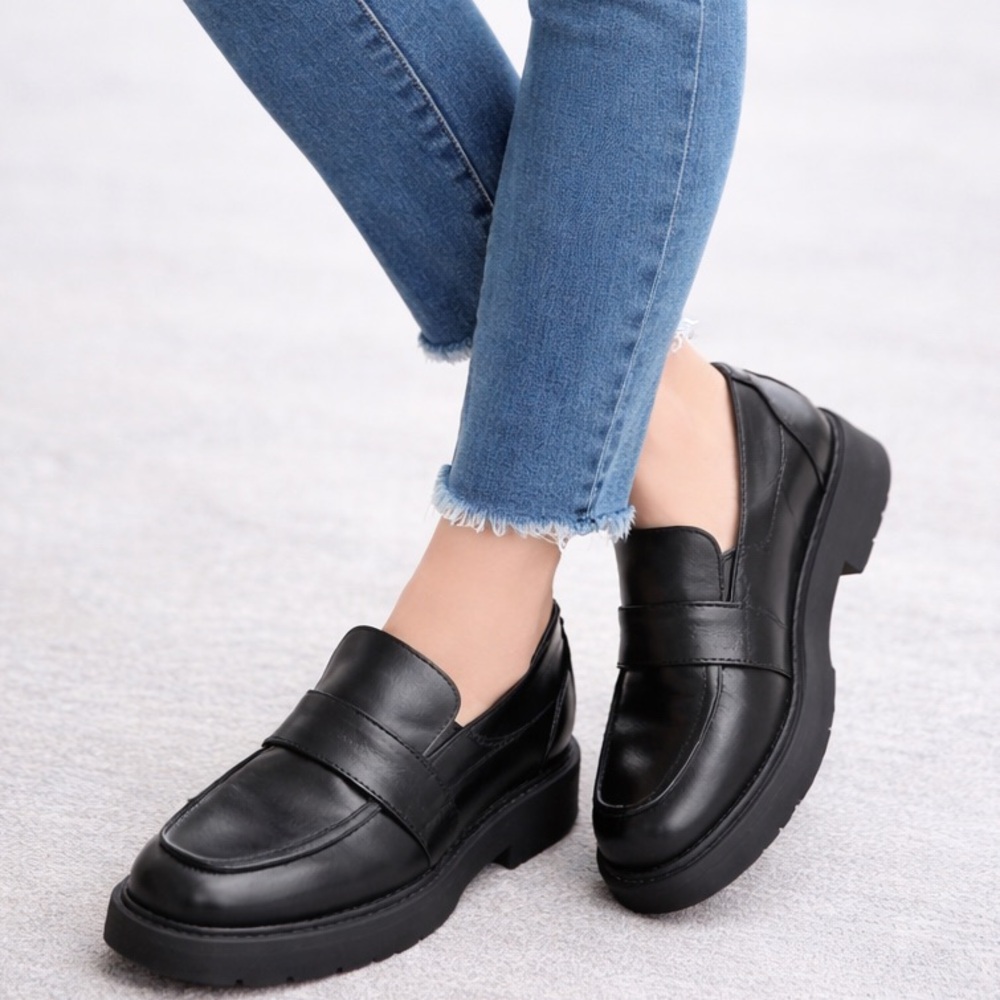 Women’s Black Chunky Platform Loafers – Classic Slip-On Casual / Work Shoes